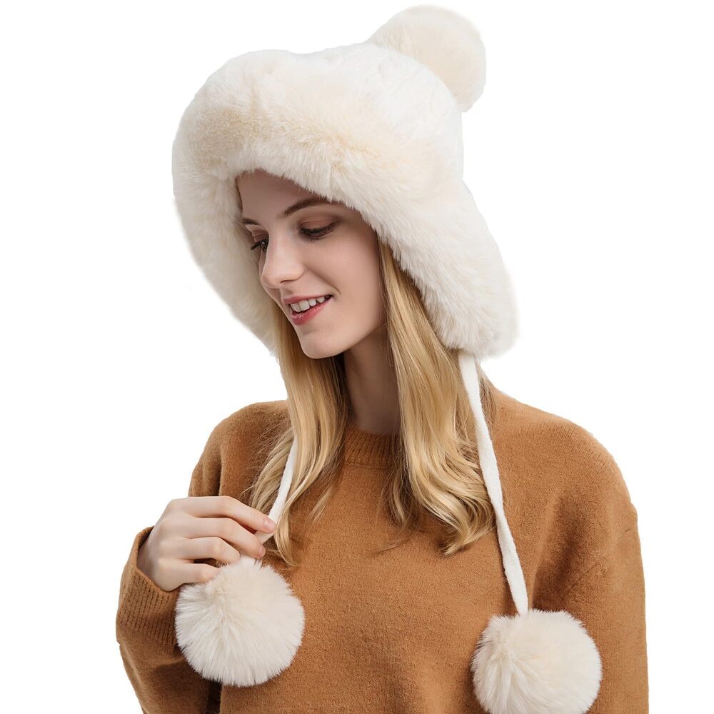 5494 Faux Fur Hat with Fluffy Pompom for Winter Fuzzy Knitted Beanies Skull